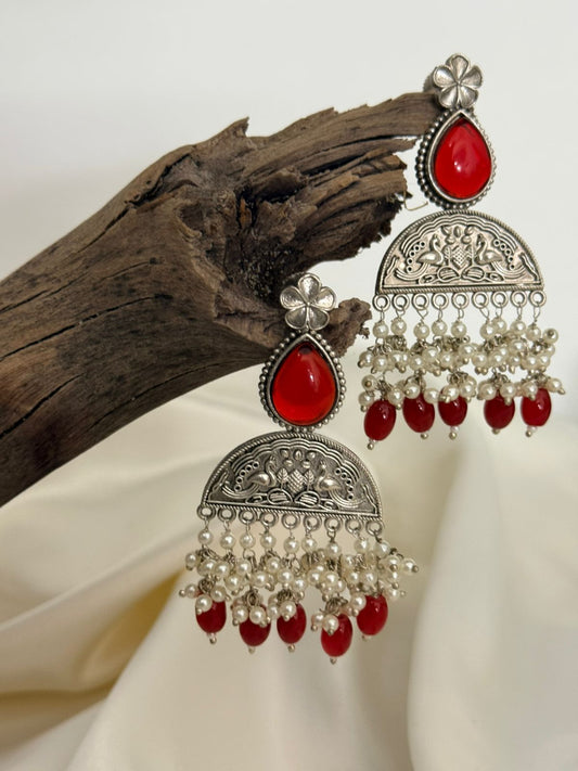 Silver Lookalike Red Stone With Gungroos And Red Beads  Danglers