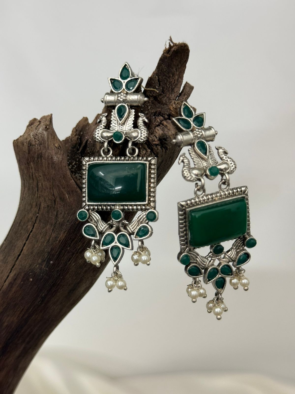 Silver Lookalike Bottle Green Long Danglers