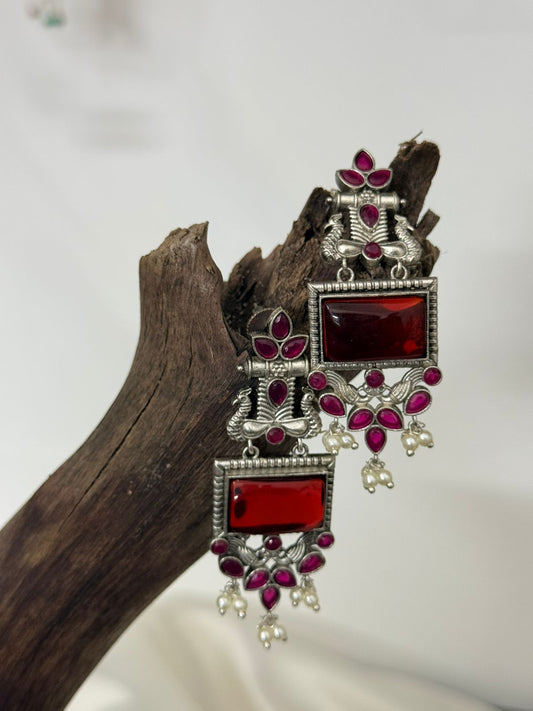 Silver Lookalike Red Long Danglers