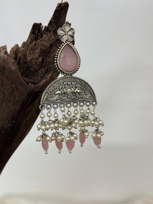Silver Lookalike  Pink Stone With Gungroos And Pink Beads Danglers