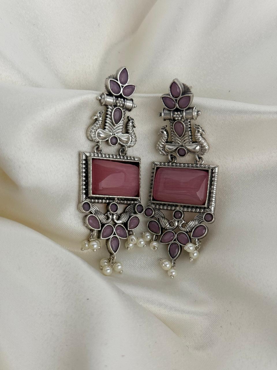 Silver Lookalike Pink Long Danglers