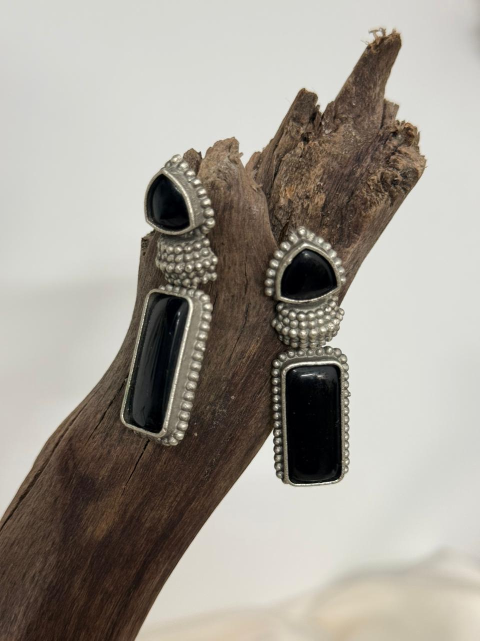 Silver Lookalike Black Enamelled Long Danglers