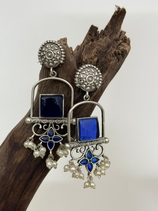 Silver Lookalike Blue Enamelled Swing Danglers