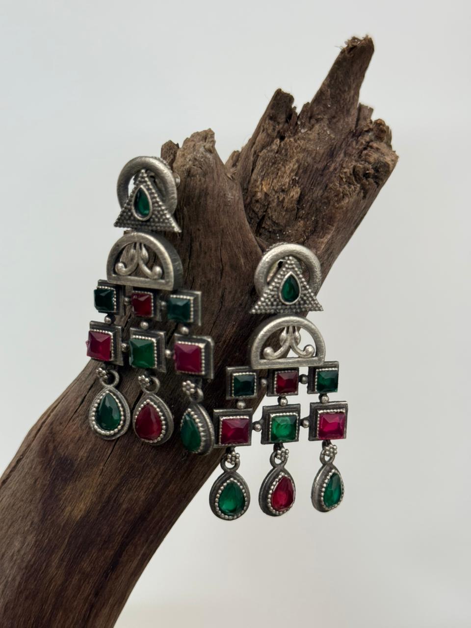 Silver Lookalike Multicolor Square And Oval Drops Danglers