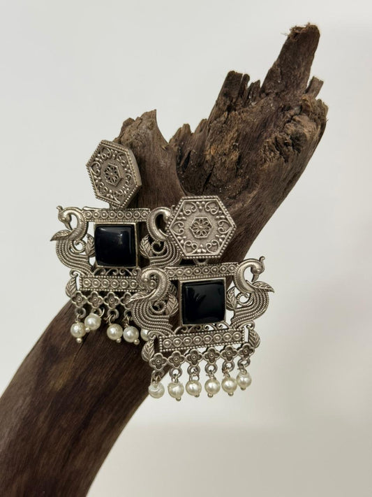 Silver Lookalike Black Enamelled Peacock Motif Danglers