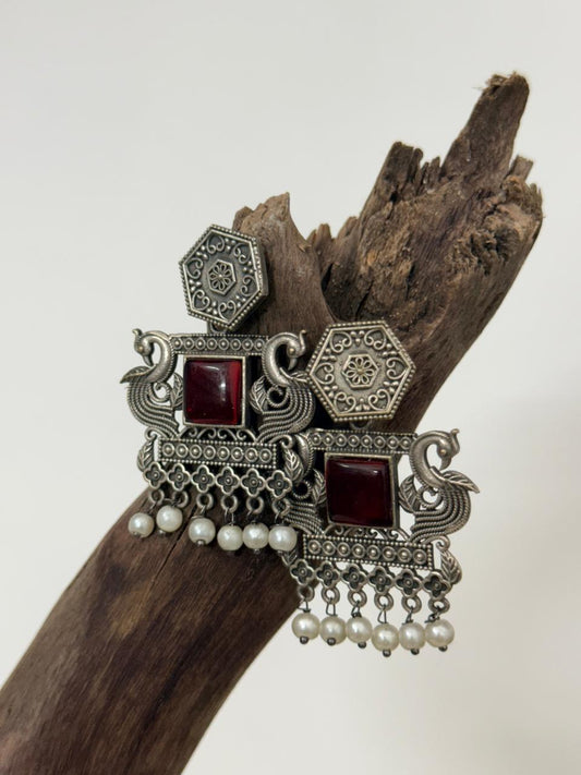 Silver Lookalike Red Color Enamelled Peacock Motif Danglers