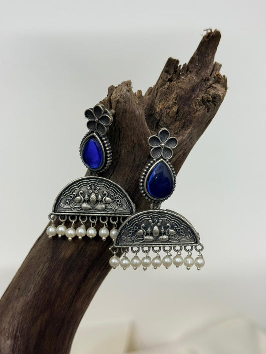 Silver Lookalike Blue Enamelled Peacock And Flower Motif Danglers