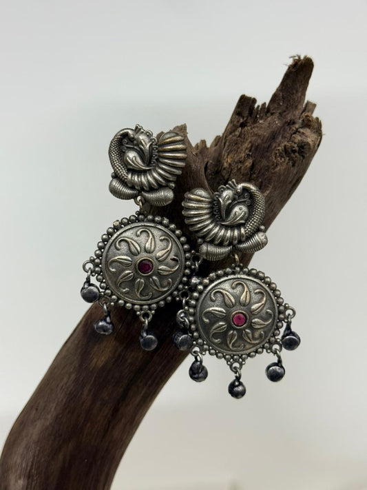 Silver Lookalike Peacock Stud With Flower Motif Danglers