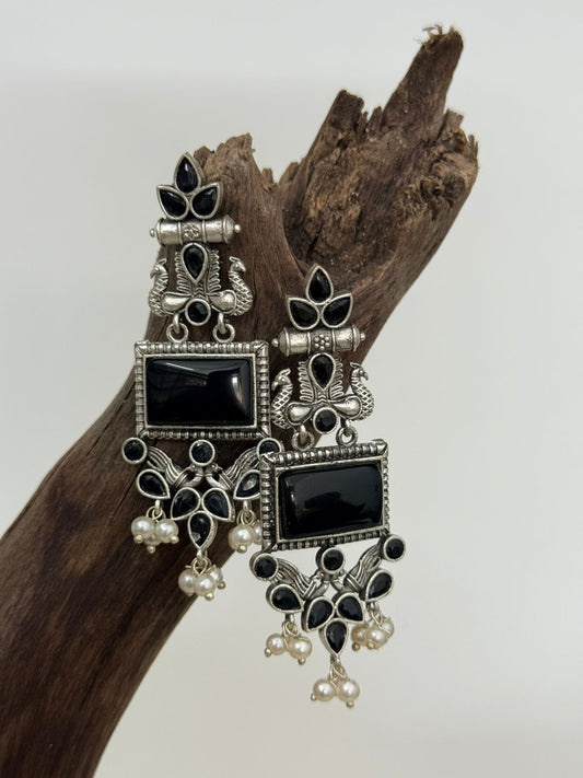 Silver Lookalike Black Enamelled Long Danglers