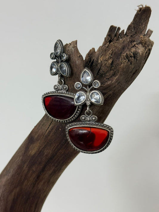 Silver Lookalike Red And White Stone Danglers