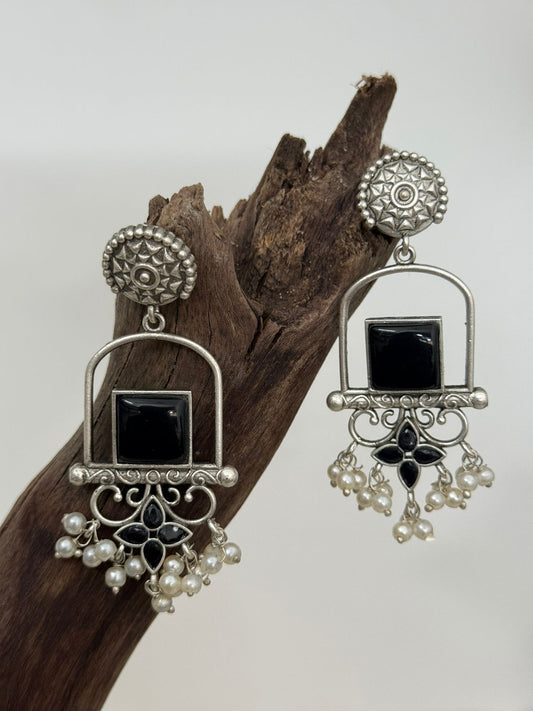 Silver Lookalike Black Enamelled Swing Danglers