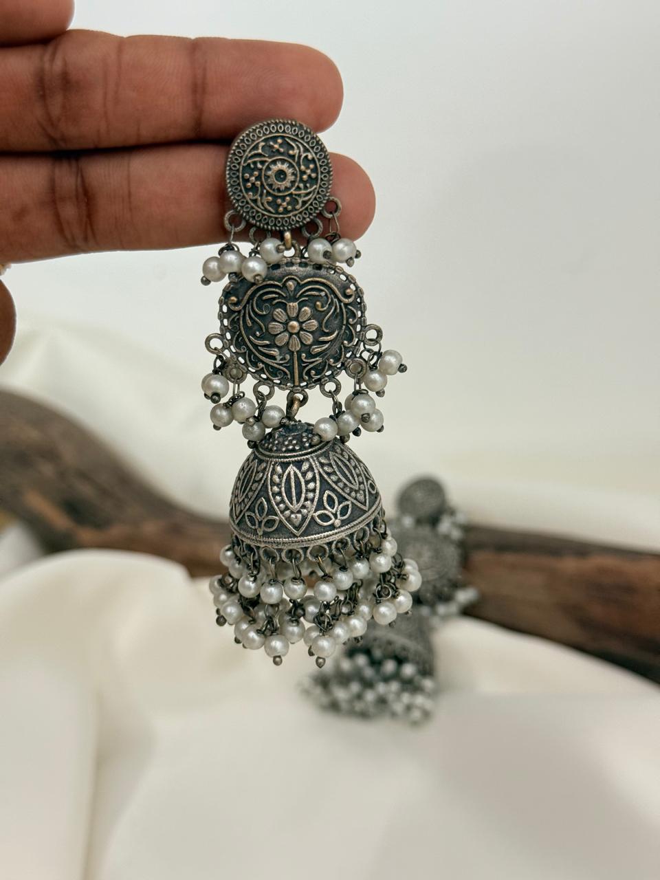 Silver Lookalike White Pearls Jhumka