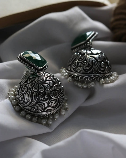 Silver Lookalike Bottle Green Stud Jhumka