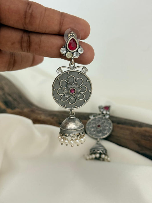 Silver Lookalike Ruby Stud Jhumka