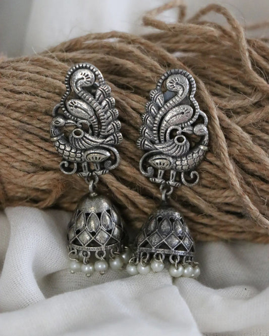 Silver Lookalike Peacock Stud Jhumka
