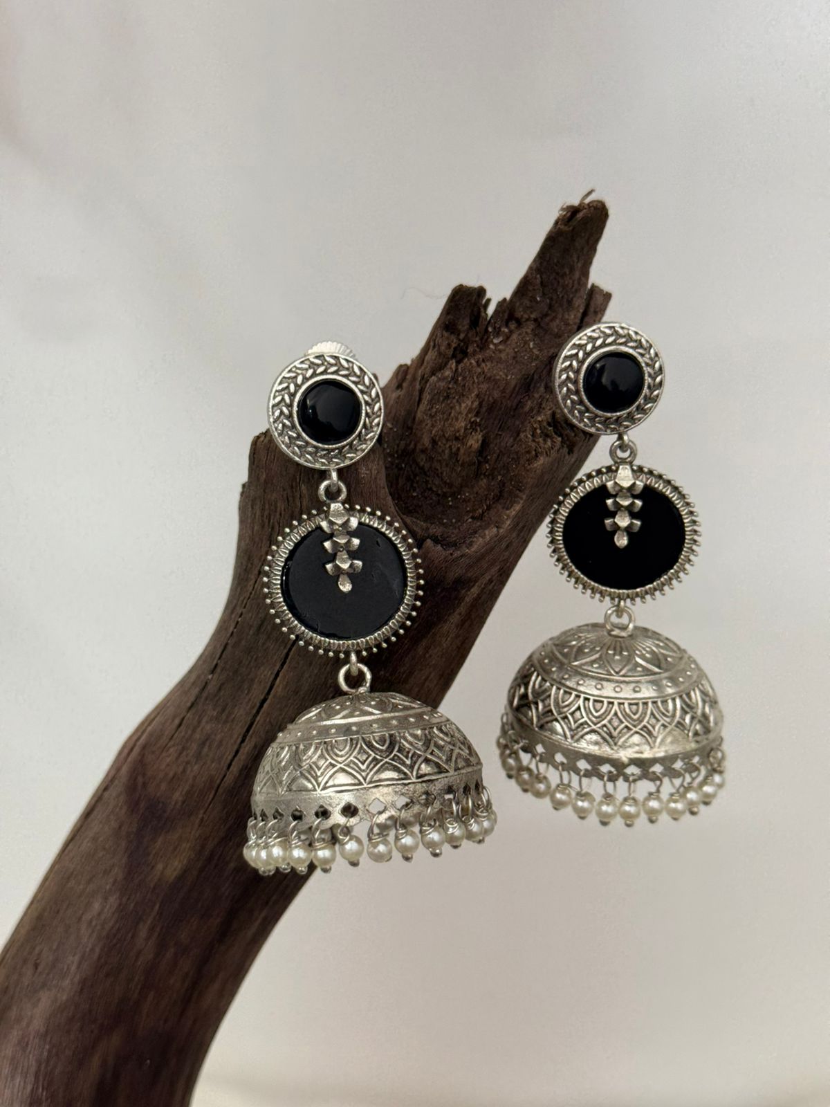 Silver Lookalike Black Enamelled Layer Jhumka