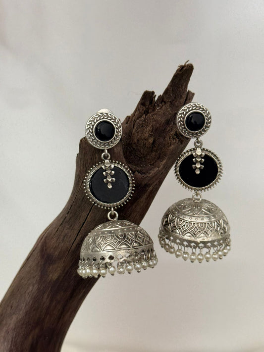 Silver Lookalike Black Enamelled Layer Jhumka