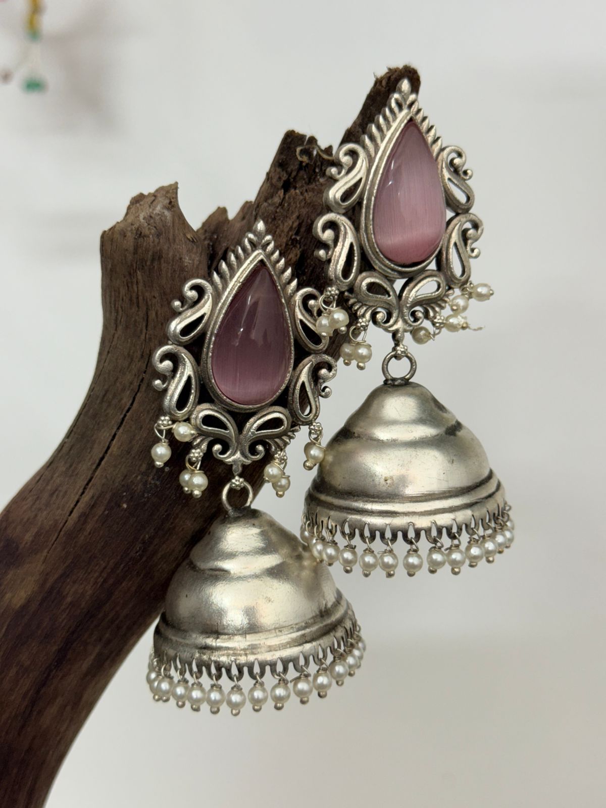 Silver Lookalike Pink Stone Jhumka
