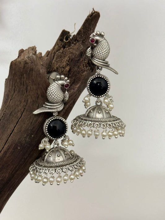 Silver Lookalike Peacock And Black Stone Stud Jhumka