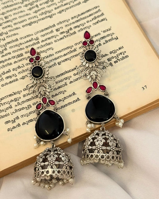Silver Lookalike Black and Ruby Layer Jhumka