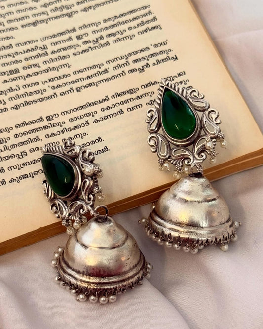 Silver Lookalike  Green stone Jhumka