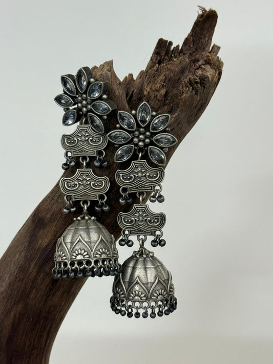 Silver Lookalike White Stone Flower Stud  Jhumka