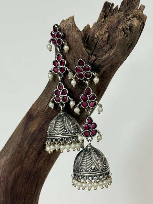 Silver Lookalike Ruby Stone Step Jhumka