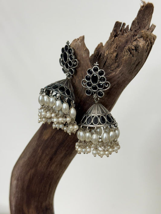 Silver Lookalike Rice Pearl Drops Black Enamelled Jhumka