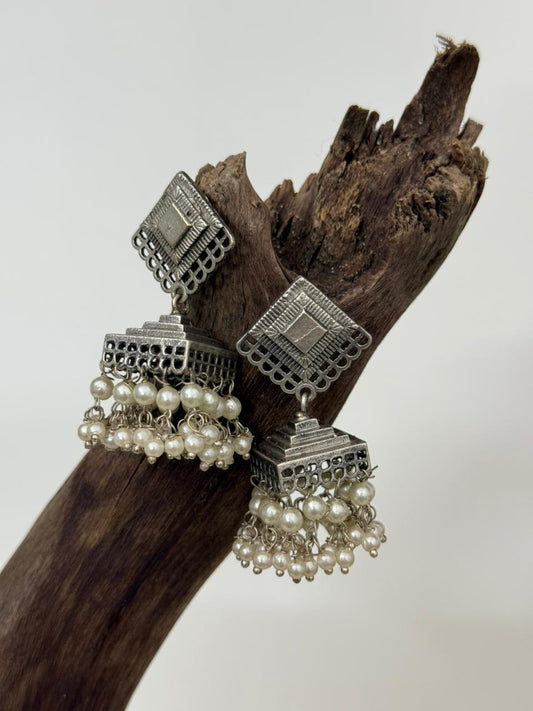 Silver Lookalike Pearl And Square  Jhumka