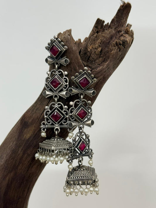 Silver Lookalike Ruby Step Jhumka