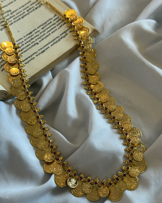 Coin Overlapped Haaram With Ruby Stones Gold Polished Necklace