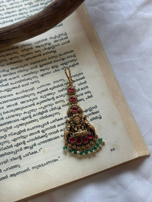 Jadau Kundan Pink Stones Lakshmi Idol With Mint Droppings Maanga Tikka
