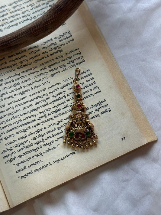 Jadau Kundan Multicolor Stones Lakshmi Idol Golden Drops Maanga Tikka