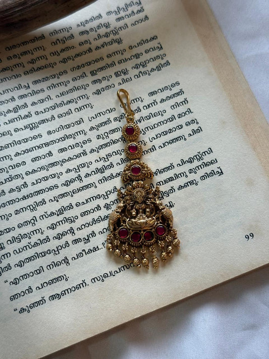 Jadau Kundan Pink Stones Lakshmi Idol Golden Drops Maanga Tikka