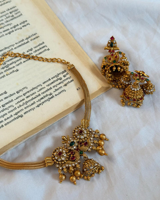 Peacock Motif Multicolor Choker With Earrings