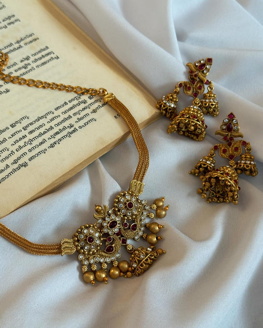 Peacock Motif Pink Choker With Earrings