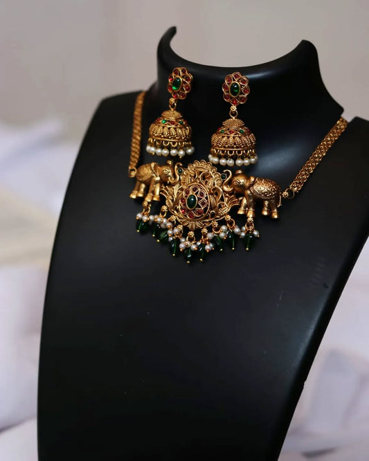 Elephant Motif Green Choker With Earrings