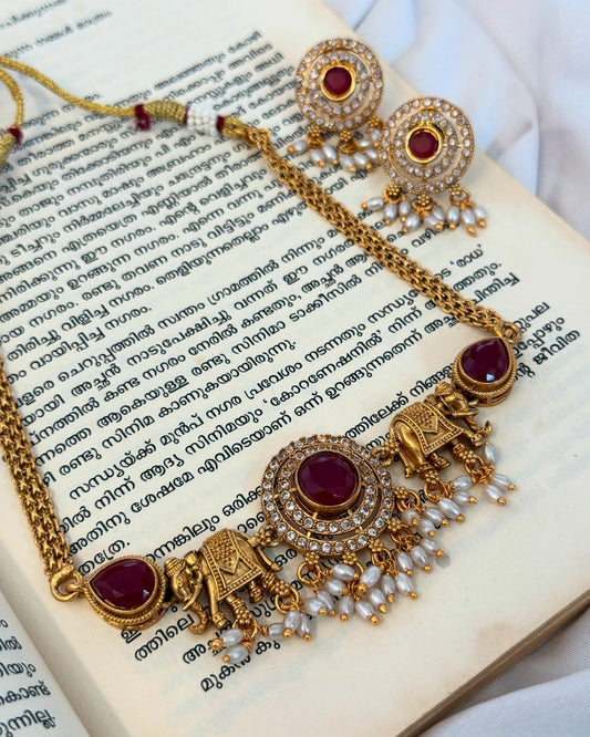 Elephant Motif With Ad Stones Choker With Earrings