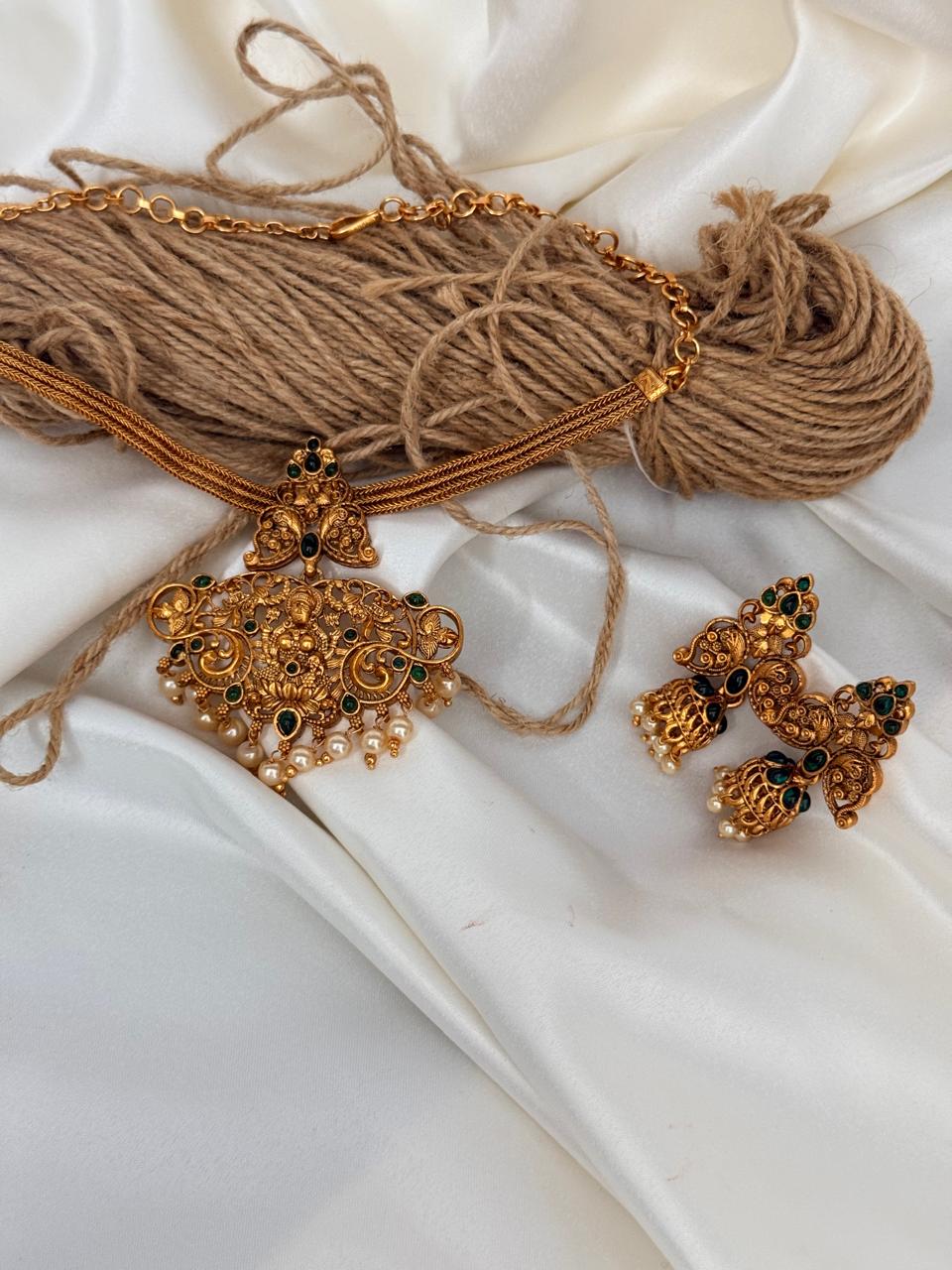 Lekshmi Pendant With Green Stones Choker With Earrings