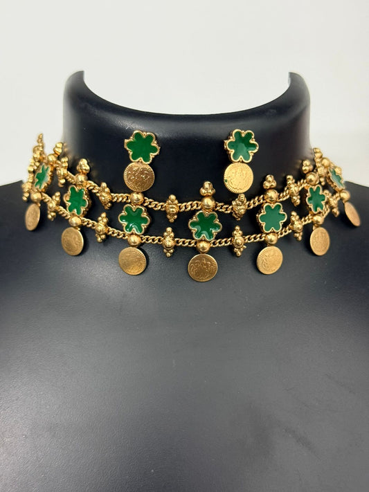 Green Flower Coin Choker With Earrings