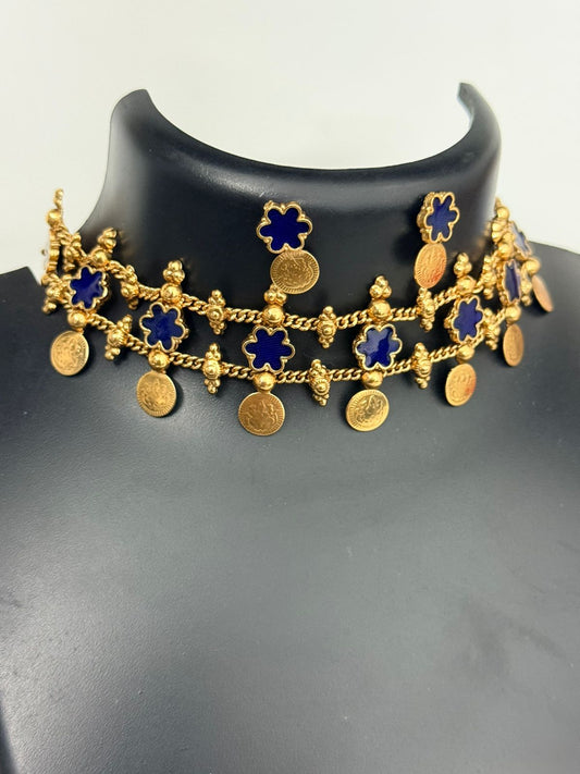 Blue Flower Coin Choker With Earrings