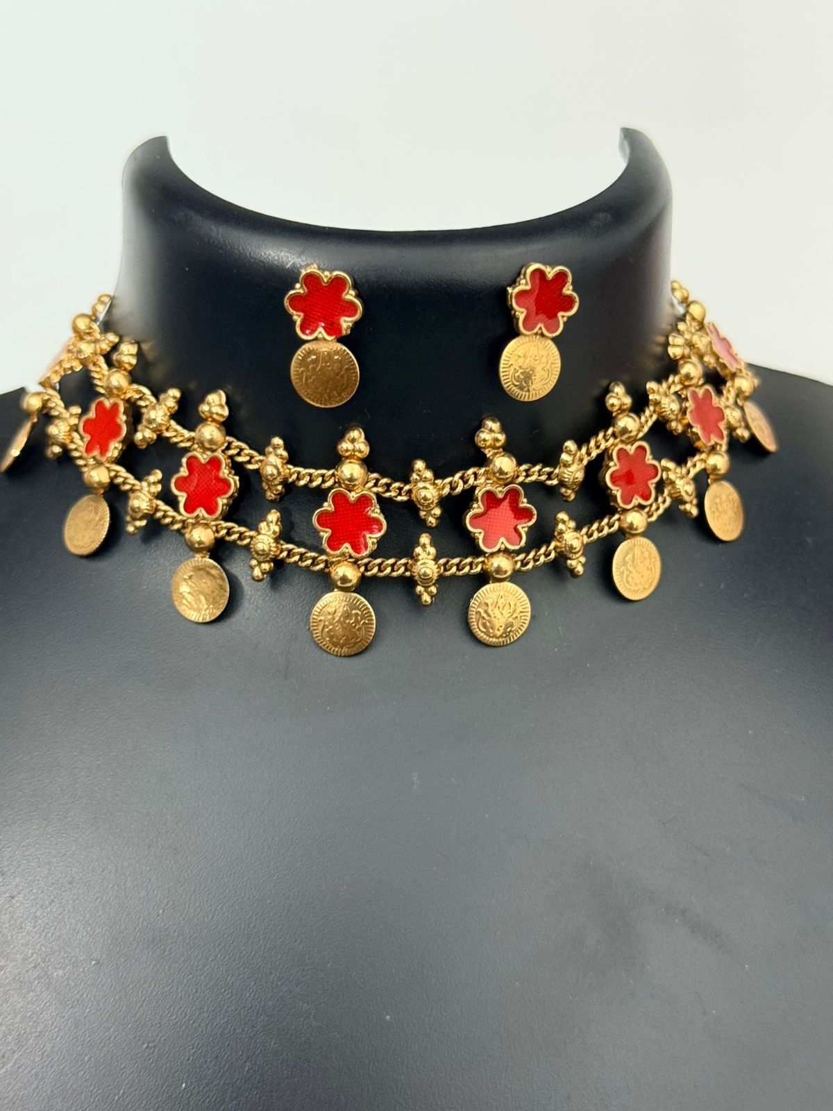 Red Flower Coin Choker With Earrings