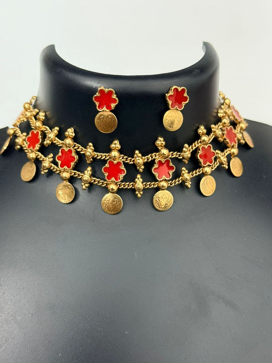 Red Flower Coin Choker With Earrings