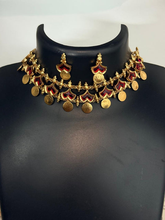 Pink Flower Motif With Coin Choker With Earrings