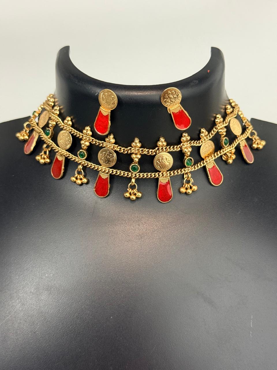 Red Nagapadam With Coin Choker With Earrings