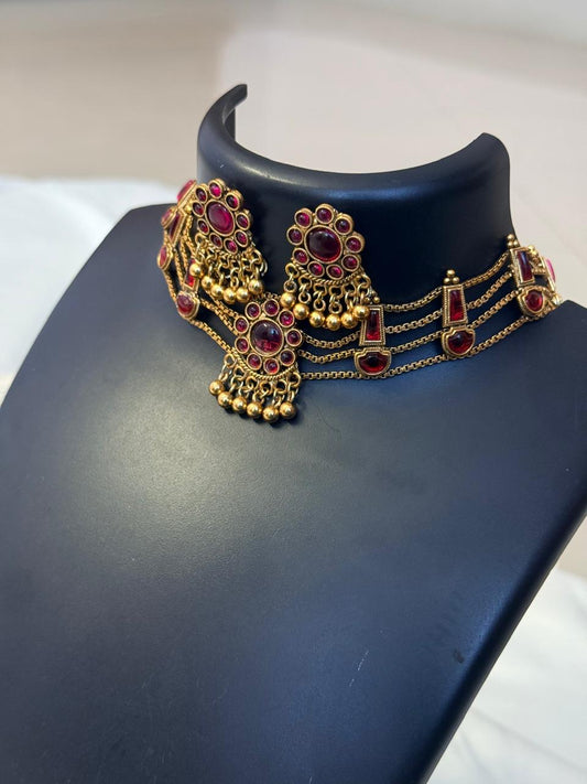 Ruby Flower Choker With Earrings