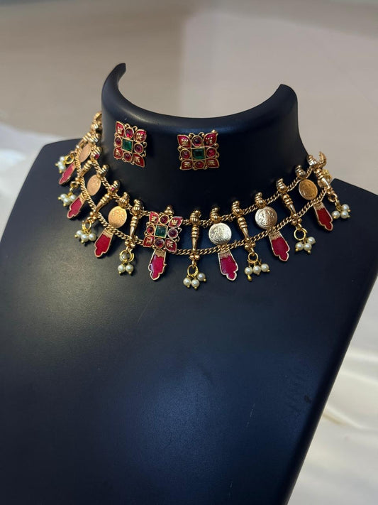 Multicolor Flower And Coin Choker Choker With Earrings