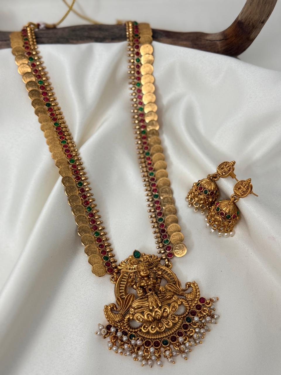 Lakshmi Pendant In Multicolor Coin Chain Haaram With Earrings