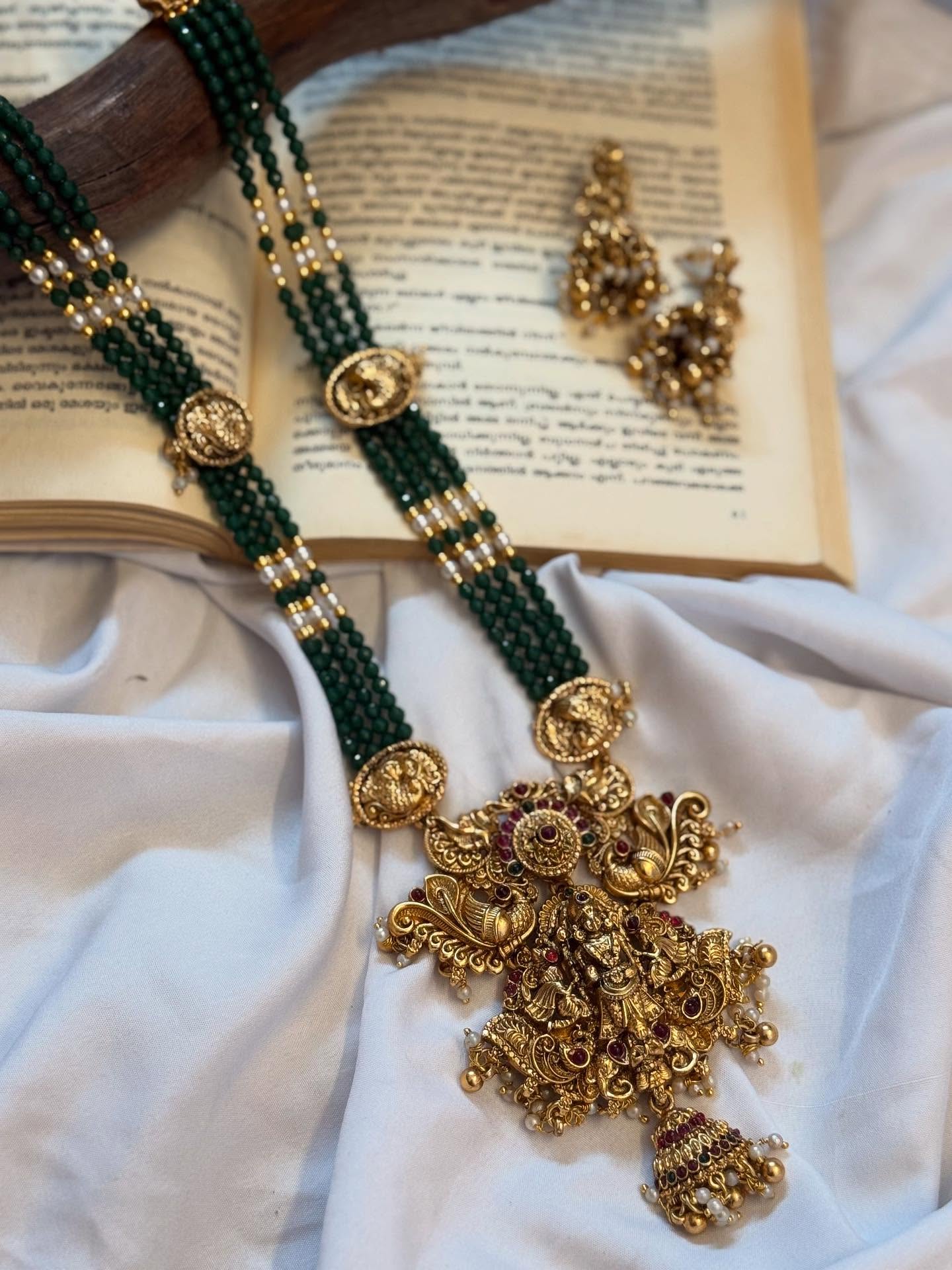 Long Heavy Pendant In Bottle Green Beads Chain Haaram With Earrings