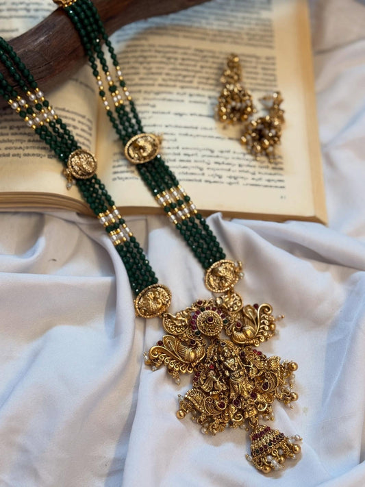 Long Heavy Pendant In Bottle Green Beads Chain Haaram With Earrings